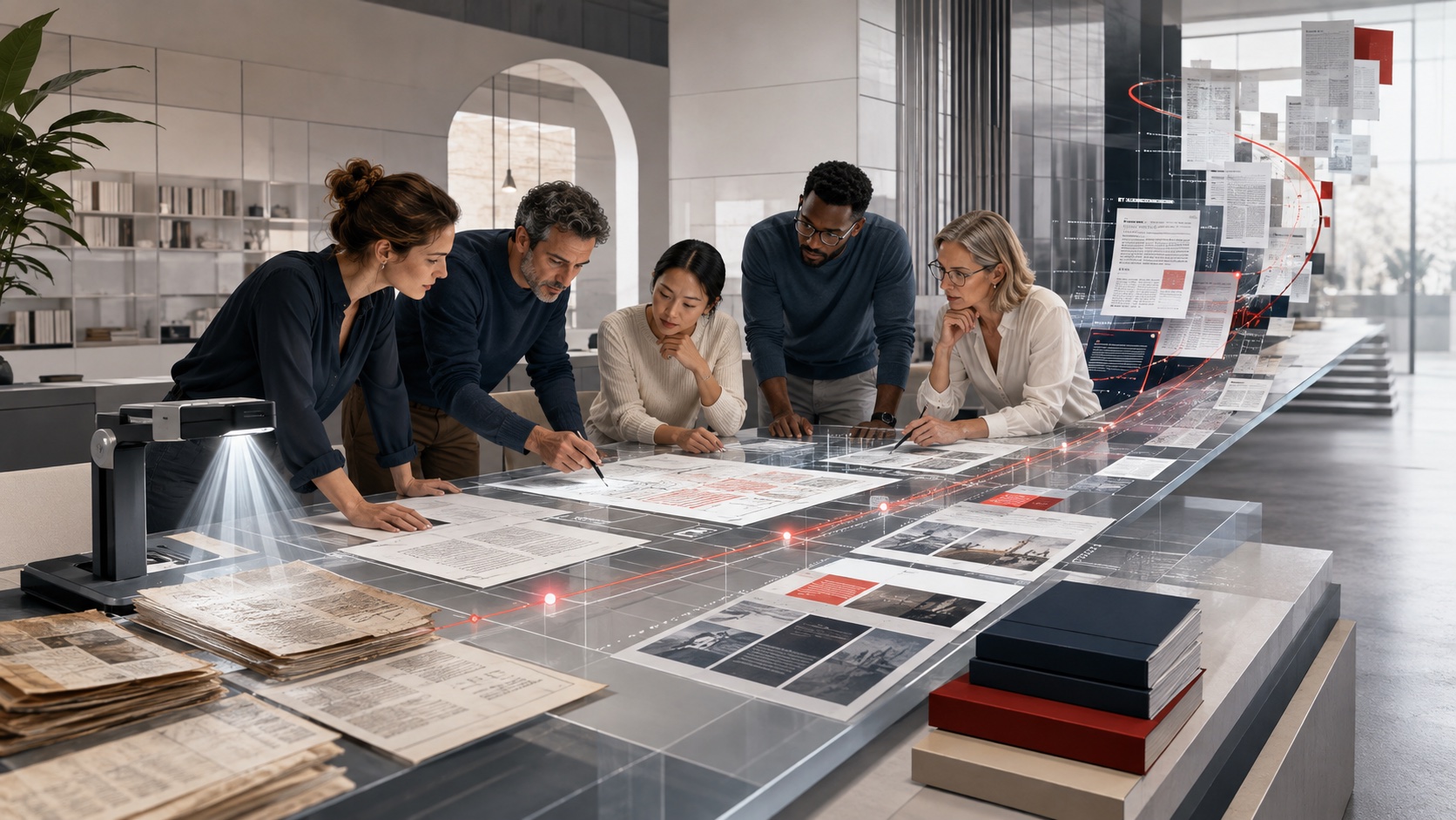 People talking together around a table in a bright shared workspace.